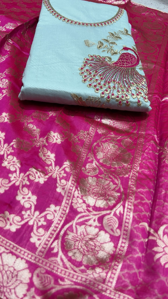 Peacock Banarasi suit (Light blue majanta duppata)
